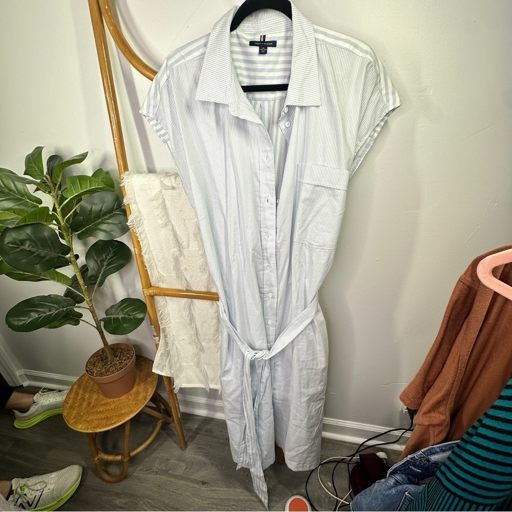 Tommy Hilfiger White and Blue Striped Shirt Dress sz XXL
